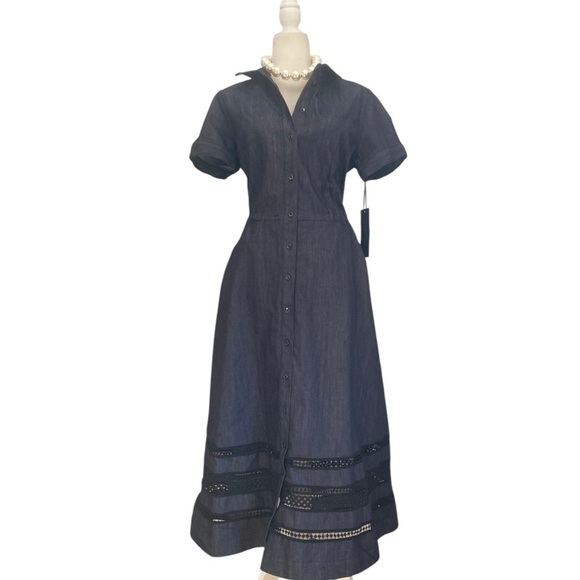 Carlisle Collection NWT Denim Blue Bell Dress Short Sleeve Fit Flare Dress - Picture 2 of 13